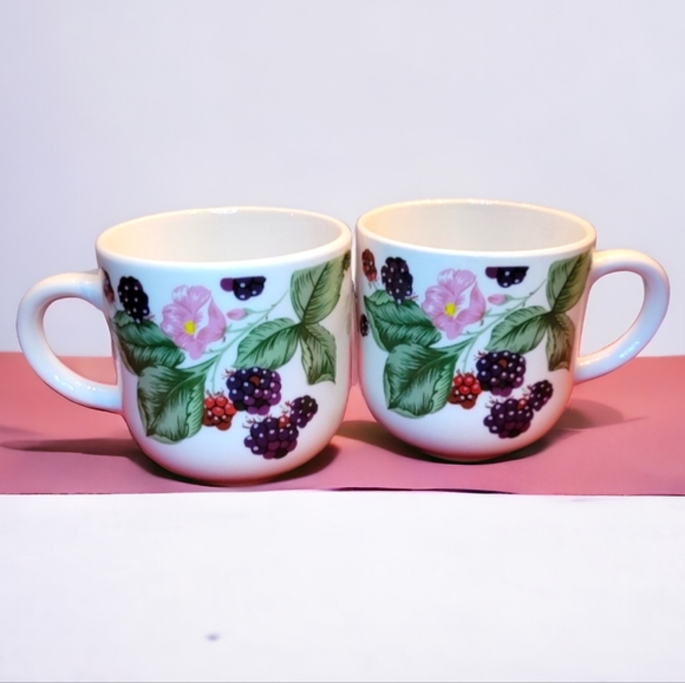 2 Vtg Mugs Raspberry Social By TIENSHAN Stoneware Cups Berries Pink Rose